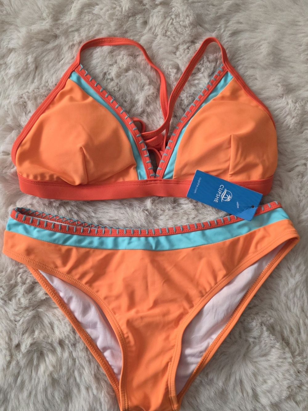 Cupshe Orange and Teal Crochet-Trim Bikini Set